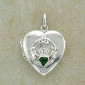 Small Silver CLADDAGH Irish Locket Pendant w/ Emerald Cubic Zirconia 