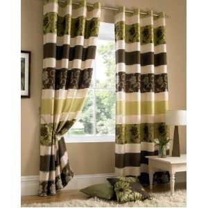 WINDSOR BROWN CREAM RING TOP VOILE NET LINED JACQUARD FAUX SILK DRAPES 