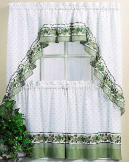 Garden Ivy Country Curtain Tier Set White Green   36 In  