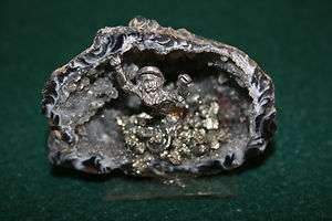 Mineral Specimen   Crystal Geode w/ Pewter Miners   4  