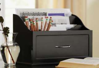 New Black Wooden Desk Organizer Desktop One Drawer Supplies Mail 