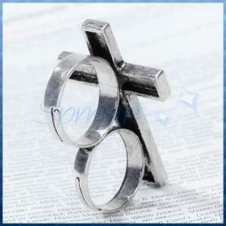Vintage Silver Cross Adjustable Two Finger Double Ring  