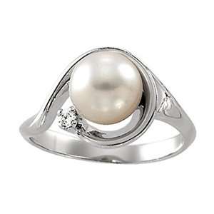  14K White Gold Cultured Pearl And Diamond Ring NEW 