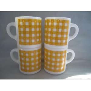   Milk Glass  Yellow Gingham Plaid  Mugs Cups