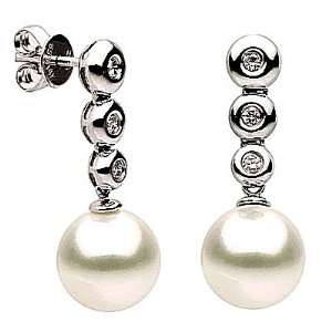    14kt White Gold Freshwater Pearl and Diamond Drop Earrings Jewelry