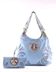 Fleur de Lis Purse Wallet SET Stunning Hobo Bag BLUE  