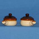 Brown and White Stoneware Lidded Soup Crocks, Set of 2