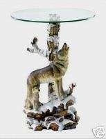 Birch tree wolf cub round glass end table, tables  