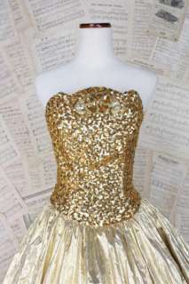 Vtg GOLD Lame Sequin Beaded Metallic Prom Dress Strapless Costume 