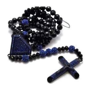 Disco Ball Cross & Dia Shape Pendant Rosary Necklace XC226BK BL