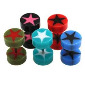 Blue Acrylic Fake Plugs with Black Star Design   16G (1.2mm)   Sold as 