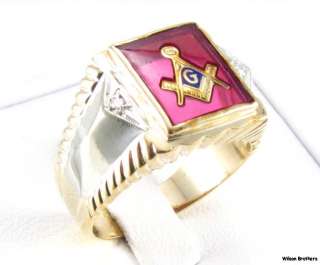 Red Stone Masonic Diamond Ring   10k White Yellow Gold Square Compass 