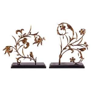   Set of 2 Bird and Floral Design Metal Art Sculptures
