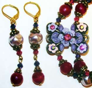   Swarovski Florals~Pink Purple Crystals~Bracelet Earring~Bronze  