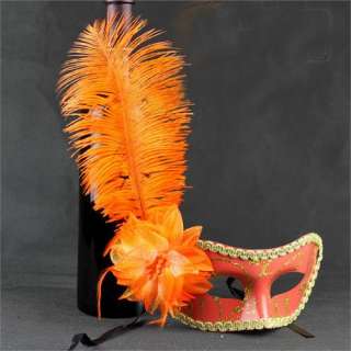 Orange Party Mask Costume Masquerade Night Out feather  