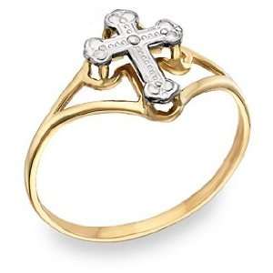  Ladies Cross Ring, 14K Two Tone Gold SZUL Jewelry