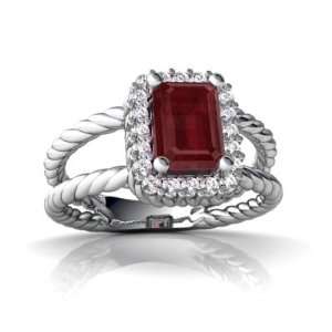  14K White Gold Emerald cut Genuine Ruby Rope Ring Size 8 Jewelry