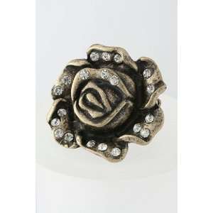 Gold with Clear Rhinestone Studded Rose Stretch Ring Fashion Jewelry
