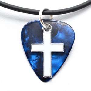 com Guitar Pick Necklace with Enamel Cross Charm on Blue Guitar Pick 