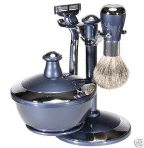 Blue & Chrome MENS SHAVE SET Brush Soap Razor & Bowl  