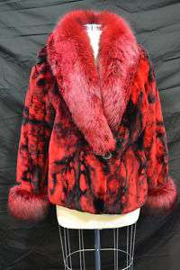 Red Marble Sheared Beaver with Fox Fur jacket coat  