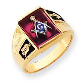 14K Yellow Gold Mens Mens Masonic Ring Synthetic Ruby  