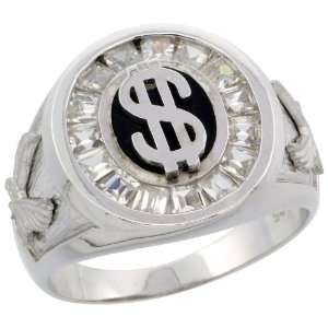 925 Sterling Silver Mens Dollar Sign Oval Mens Ring w/ Brilliant Cut 