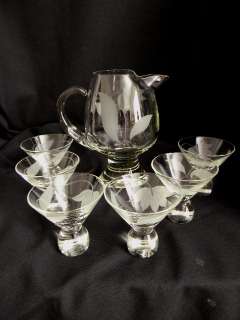   Hollywood Regency~Retro Etched Martini Set~Picther & 6 Glasses~So CHIC