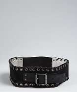 Vince Camuto black suede whipstitch and grommet detail wide belt style 