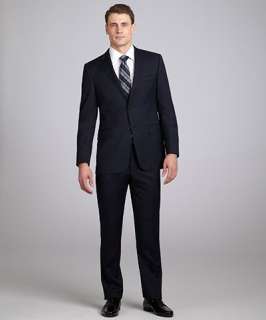 Hickey navy wool 2 button suit with flat front pants