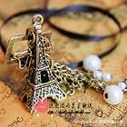 White Beeds Vintage Long Bronze Eiffel Tower Necklace  