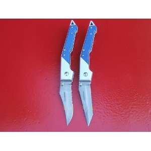 TWO (2) DEFENDER 5 Pocket Knives Sharp BLUE Accents  