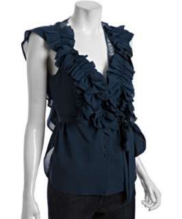robbi & nikki teal crepe de chine lace back ruffle top   up to 