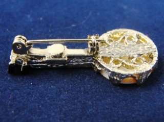   Gold Black Enamel Banjo Brooch Pin with Mother of Pearl Face  