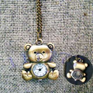 Bronze bear Necklace Pendant Quartz Pocket Watch Gift  