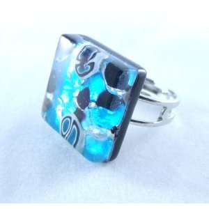   Black Silver Square Venetian Murano Glass Adjustable Ring Jewelry