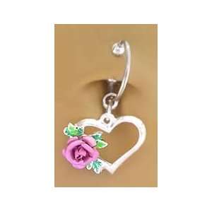   Belly Navel Non Clip on Piercing Pink Rose Heart Dangle Ring Jewelry