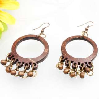Brown Coconut Shell Round Abacus Bead Dangle Earrings  