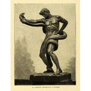  1887 Wood Engraving Athlete Strangling Python Sculpture Snake 