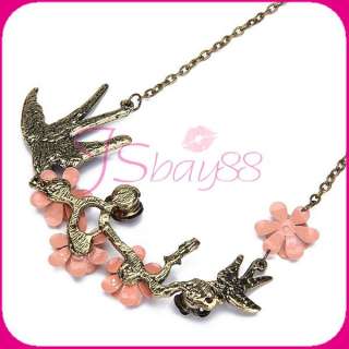 Elegant Swallow Bird Flower Blossom Rhinestone Pendant Necklace Lucky 