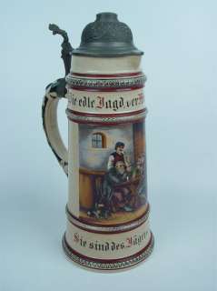 Antique 1880s German Stein W/ Pewter Lid Hand Painted  