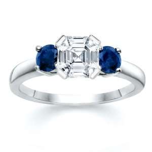   ASSCHER DIAMOND W ROUND BLUE SAPPHIRE RING 18K Samuel David Jewelry