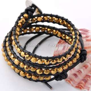 Row Golden Crystal Glass 4mm Beaded Leather Rope Macrame Wrap 