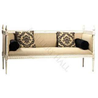   Wood Cream Linen Upholstered Settee French Sofa w Black Pillows  