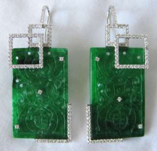 Vintage 18K White Gold Diamond & Green Jade Earrings  