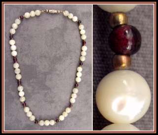VINTAGE GENUINE MOTHER OF PEARL, GARNET AND GOLD FILLED BEAD NECKLACE