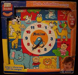 Juguettos Wooden Animal Puzzle with Clock   Teaches Spanish & Time 