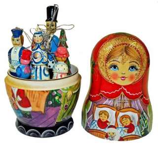 Set of large doll and seven ornaments is carved of bolsa wood, hand 