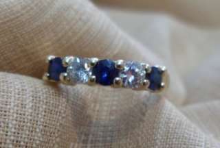 14k yellow gold blue sapphire & diamond ring 4mm size 7  