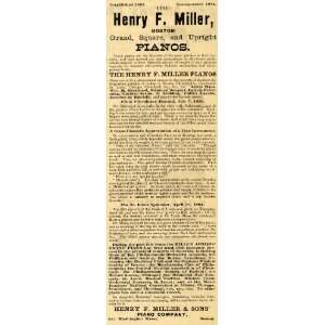1885 Ad Henry F. Miller Grand Square Upright Pianos   Original Print 